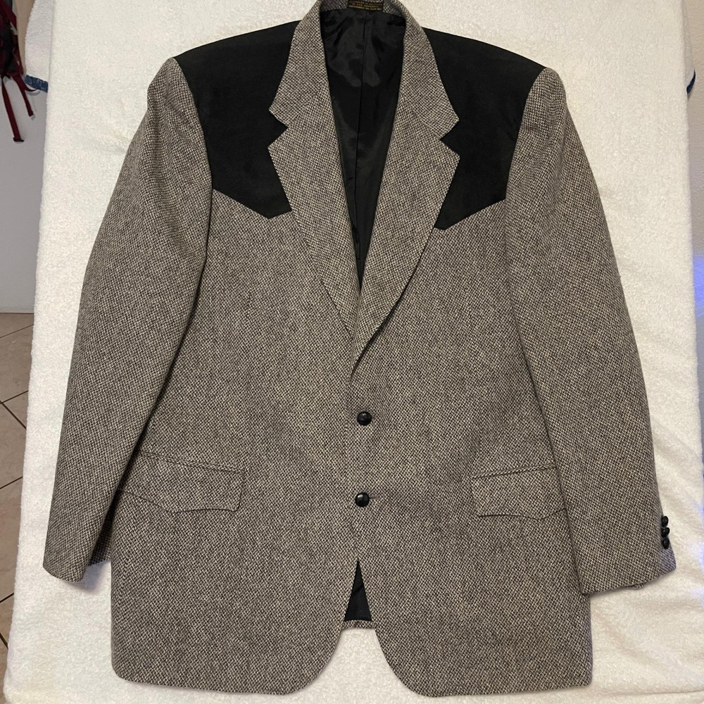 High Noon Mens Western Blazer Grey Herringbone Tweed Black Suede Yoke Sport Coat